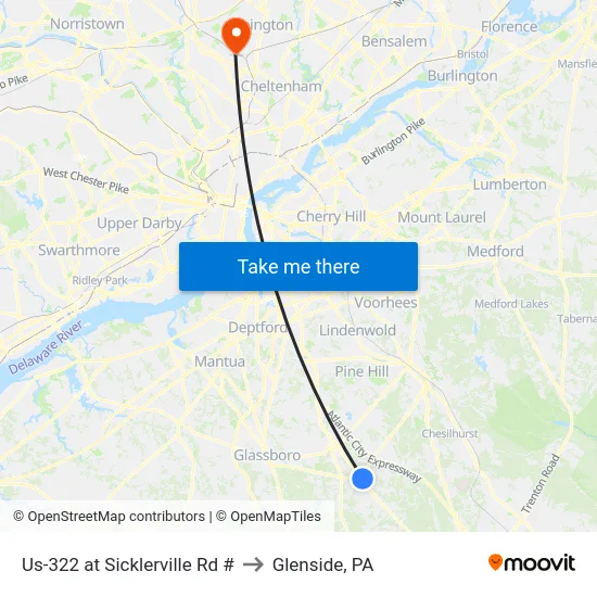 Us-322 at Sicklerville Rd # to Glenside, PA map