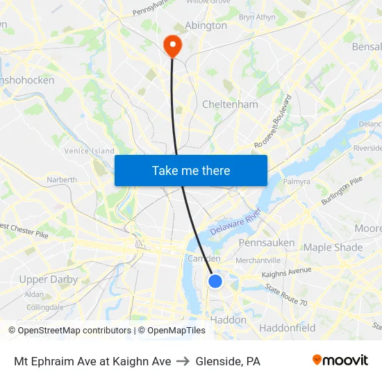 Mt Ephraim Ave at Kaighn Ave to Glenside, PA map
