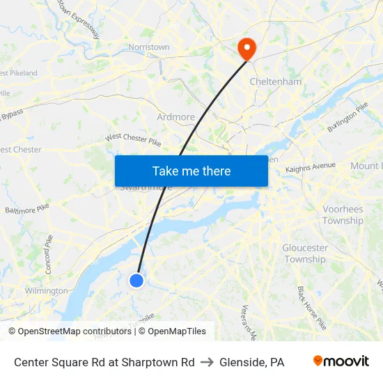 Center Square Rd at Sharptown Rd to Glenside, PA map