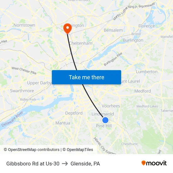 Gibbsboro Rd at Us-30 to Glenside, PA map
