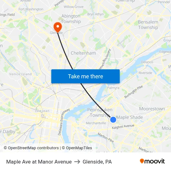 Maple Ave at Manor Avenue to Glenside, PA map