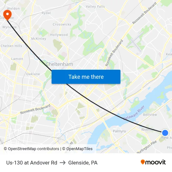 Us-130 at Andover Rd to Glenside, PA map