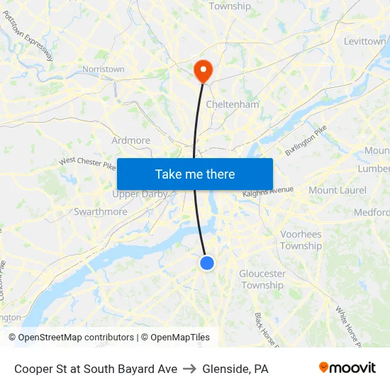 Cooper St at South Bayard Ave to Glenside, PA map