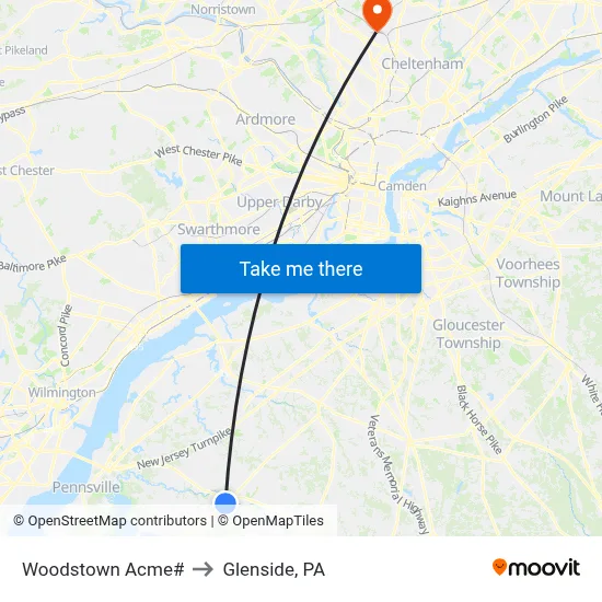 Woodstown Acme# to Glenside, PA map