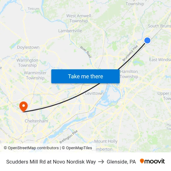 Scudders Mill Rd at Novo Nordisk Way to Glenside, PA map