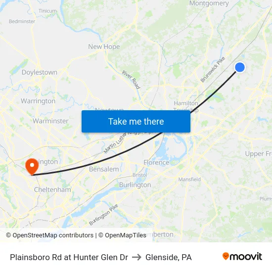 Plainsboro Rd at Hunter Glen Dr to Glenside, PA map