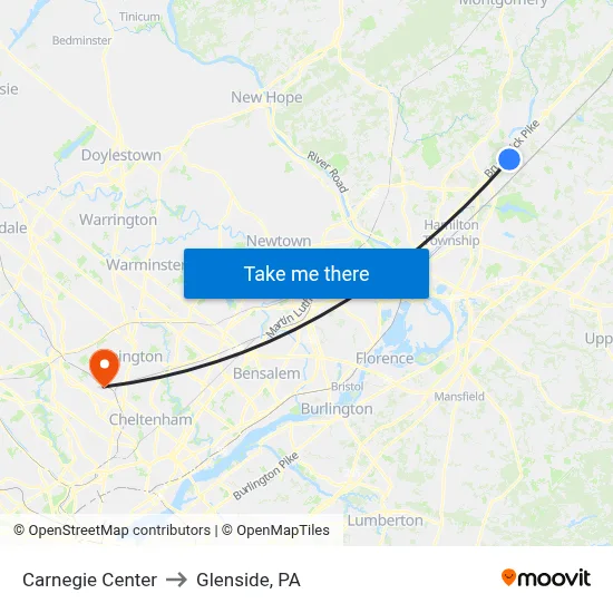 Carnegie Center to Glenside, PA map