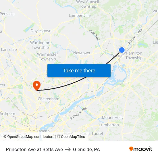 Princeton Ave at Betts Ave to Glenside, PA map