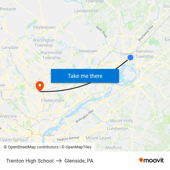 Trenton High School to Glenside, PA map
