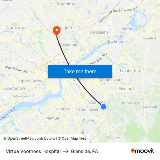 Virtua Voorhees Hospital to Glenside, PA map