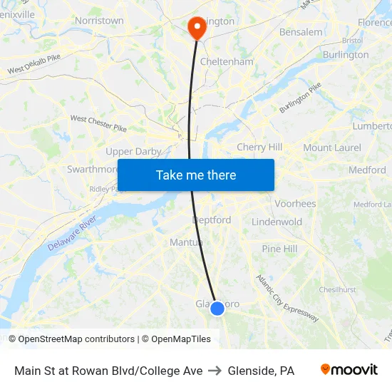 Main St at Rowan Blvd/College Ave to Glenside, PA map