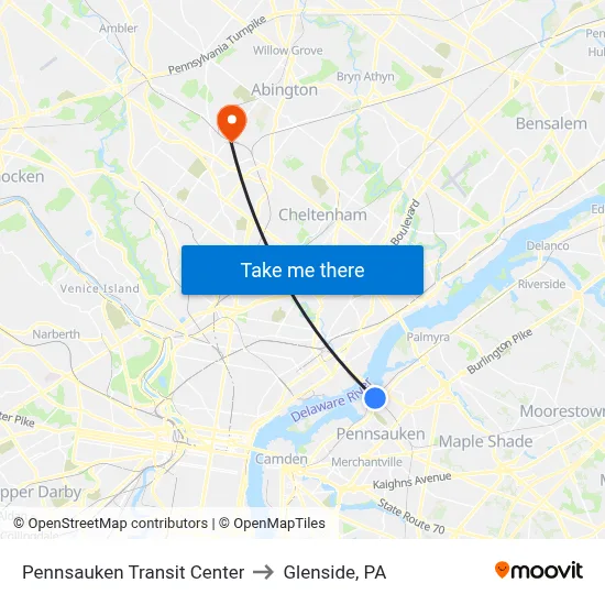 Pennsauken Transit Center to Glenside, PA map