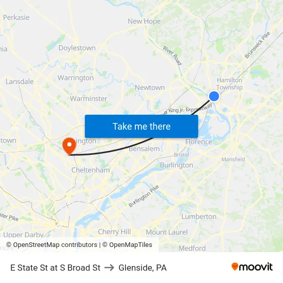 E State St at S Broad St to Glenside, PA map