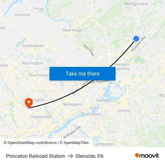 Princeton Railroad Station to Glenside, PA map