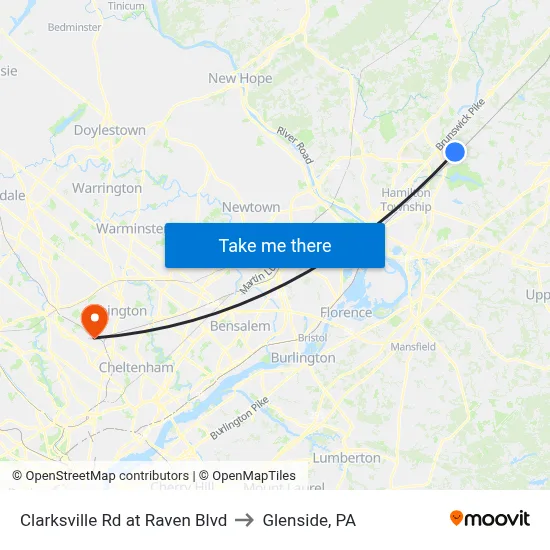 Clarksville Rd at Raven Blvd to Glenside, PA map