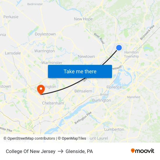 College Of New Jersey to Glenside, PA map