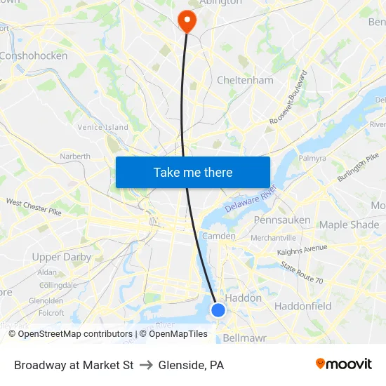 Broadway at Market St to Glenside, PA map