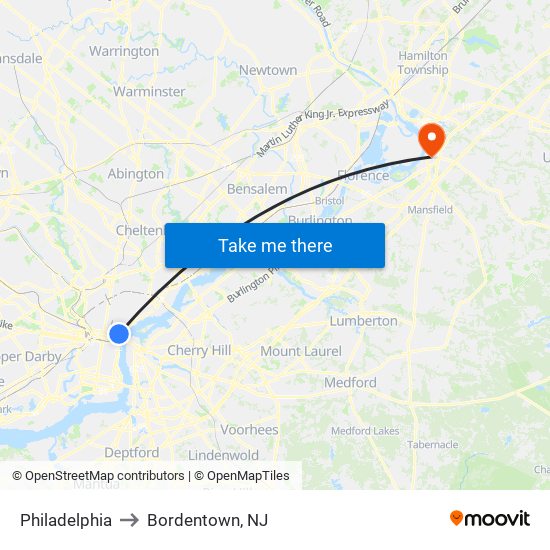 Philadelphia to Bordentown, NJ map