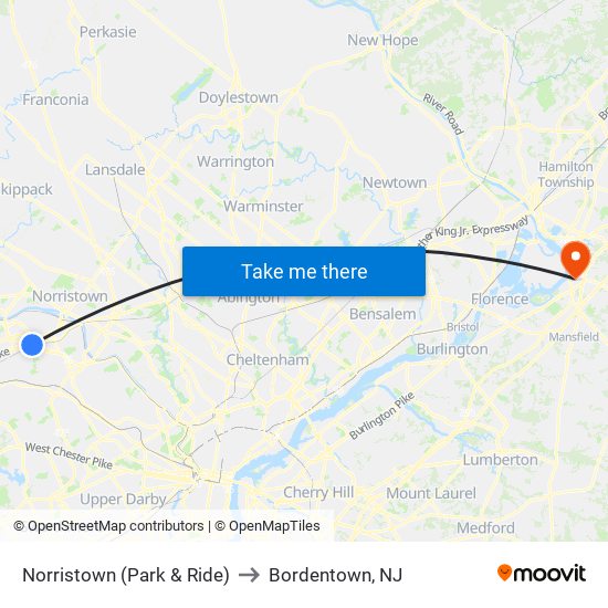 Norristown (Park & Ride) to Bordentown, NJ map