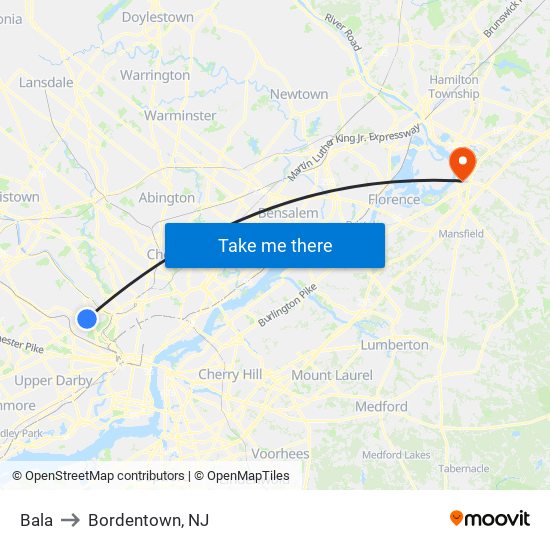 Bala to Bordentown, NJ map