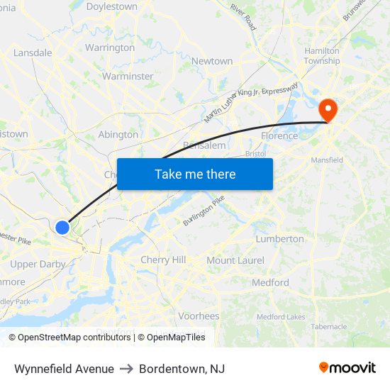 Wynnefield Avenue to Bordentown, NJ map