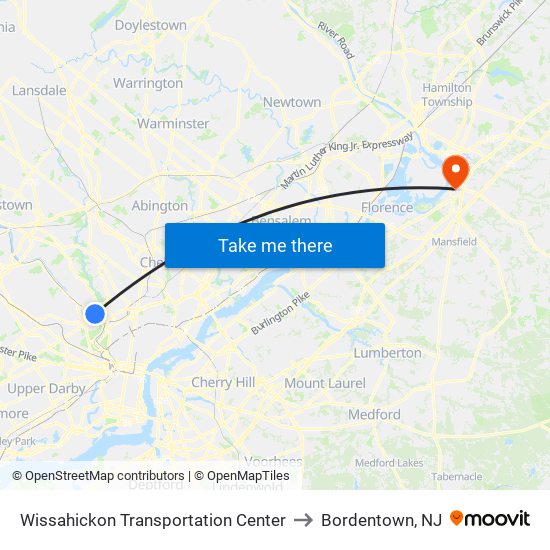 Wissahickon Transportation Center to Bordentown, NJ map