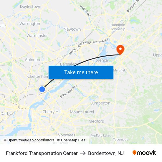 Frankford Transportation Center to Bordentown, NJ map