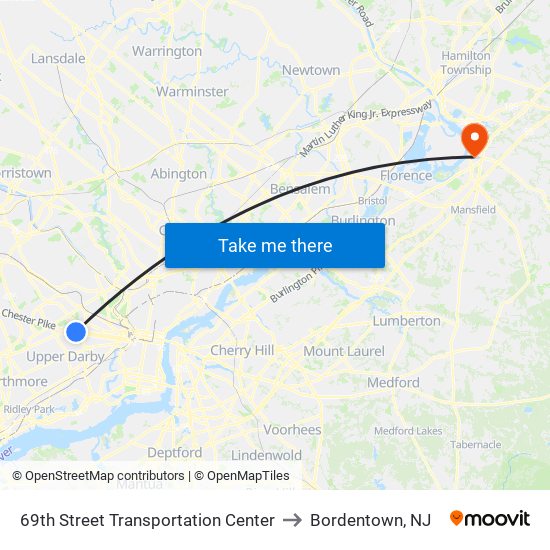 69th Street Transportation Center to Bordentown, NJ map