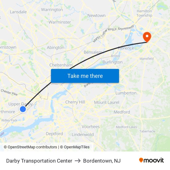 Darby Transportation Center to Bordentown, NJ map