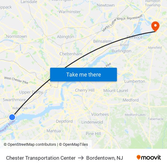 Chester Transportation Center to Bordentown, NJ map