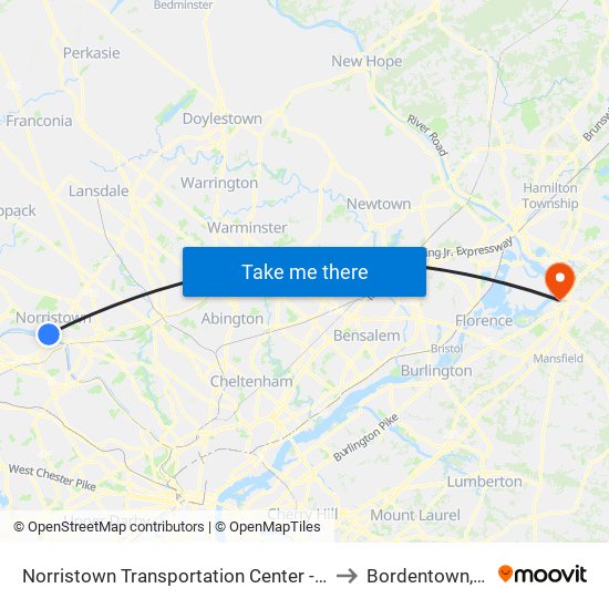 Norristown Transportation Center - Nhsl to Bordentown, NJ map