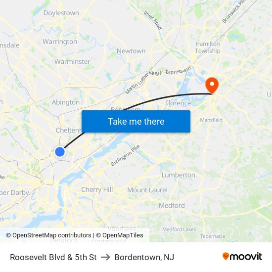 Roosevelt Blvd & 5th St to Bordentown, NJ map