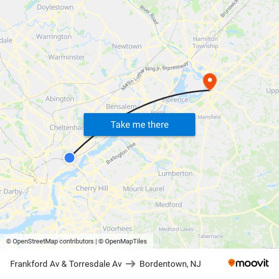 Frankford Av & Torresdale Av to Bordentown, NJ map