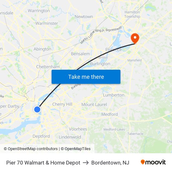 Pier 70 Walmart & Home Depot to Bordentown, NJ map