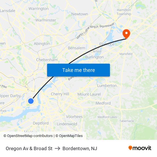 Oregon Av & Broad St to Bordentown, NJ map