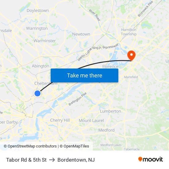 Tabor Rd & 5th St to Bordentown, NJ map