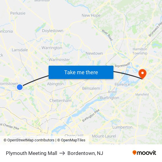 Plymouth Meeting Mall to Bordentown, NJ map