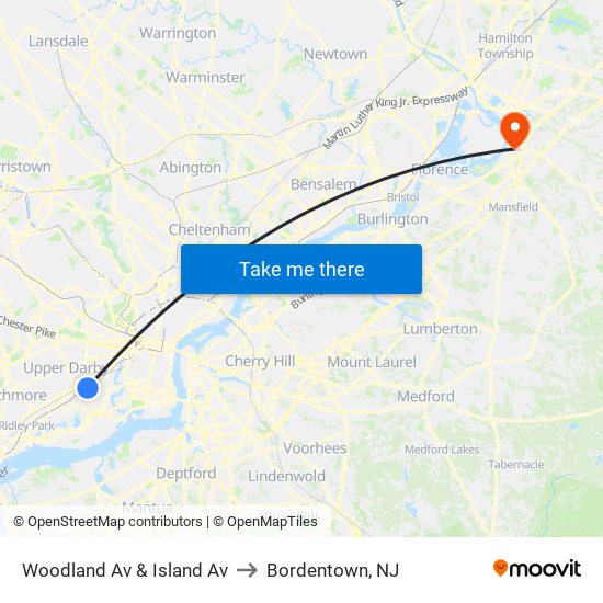 Woodland Av & Island Av to Bordentown, NJ map