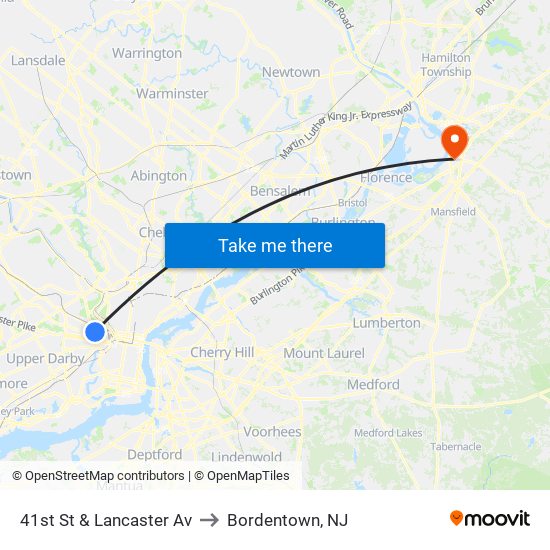 41st St & Lancaster Av to Bordentown, NJ map