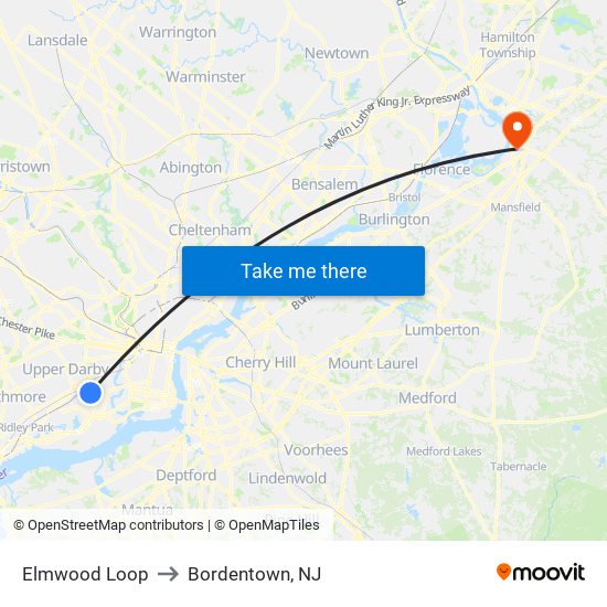 Elmwood Loop to Bordentown, NJ map