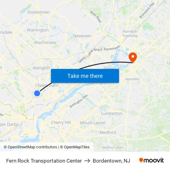 Fern Rock Transportation Center to Bordentown, NJ map