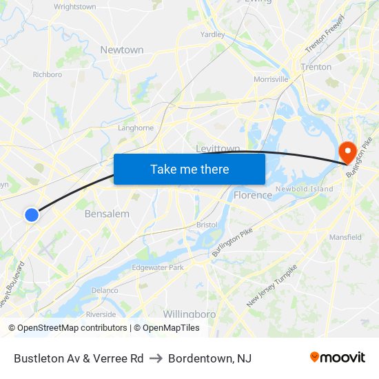Bustleton Av & Verree Rd to Bordentown, NJ map