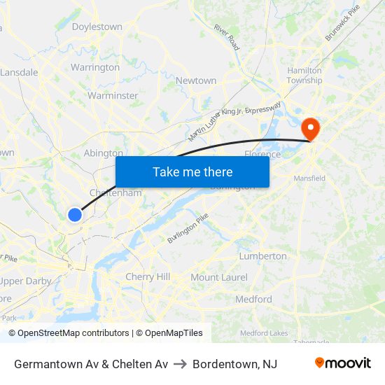 Germantown Av & Chelten Av to Bordentown, NJ map