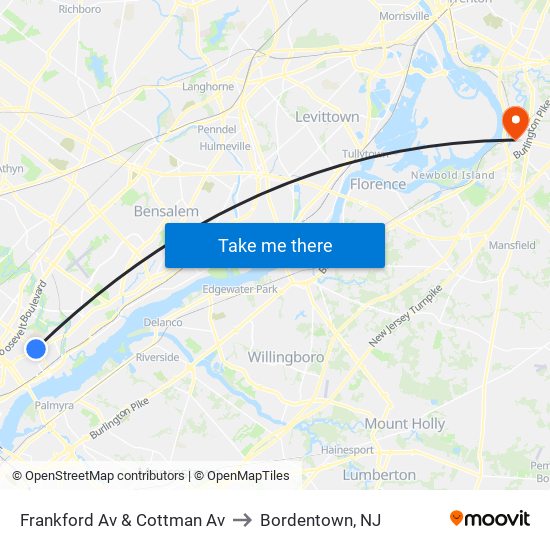 Frankford Av & Cottman Av to Bordentown, NJ map
