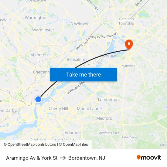 Aramingo Av & York St to Bordentown, NJ map