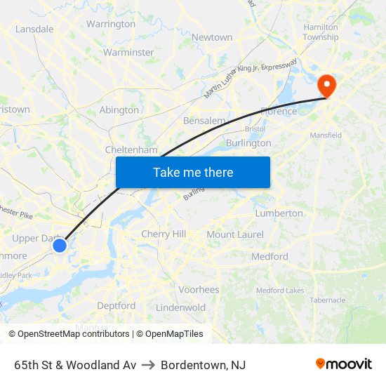 65th St & Woodland Av to Bordentown, NJ map