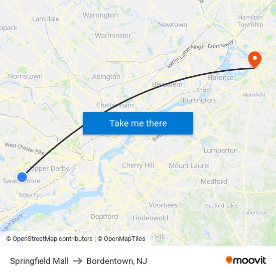Springfield Mall to Bordentown, NJ map