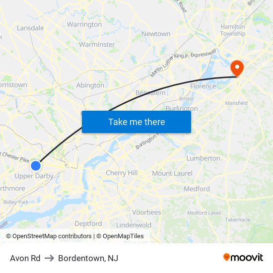 Avon Rd to Bordentown, NJ map