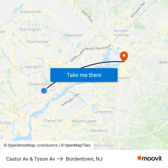 Castor Av & Tyson Av to Bordentown, NJ map