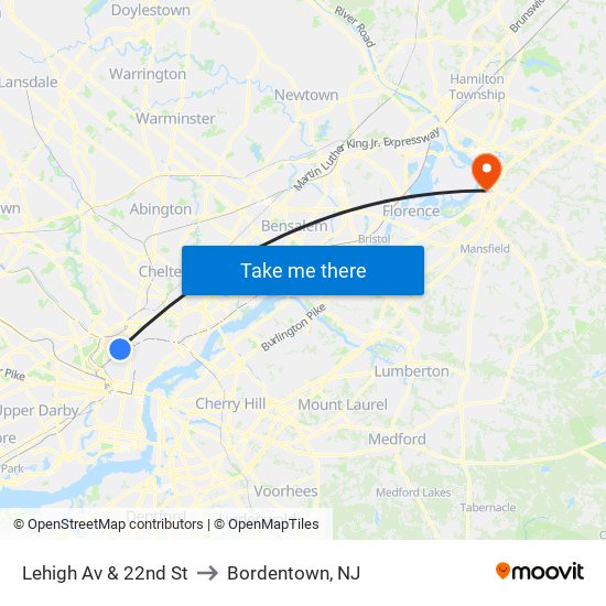 Lehigh Av & 22nd St to Bordentown, NJ map